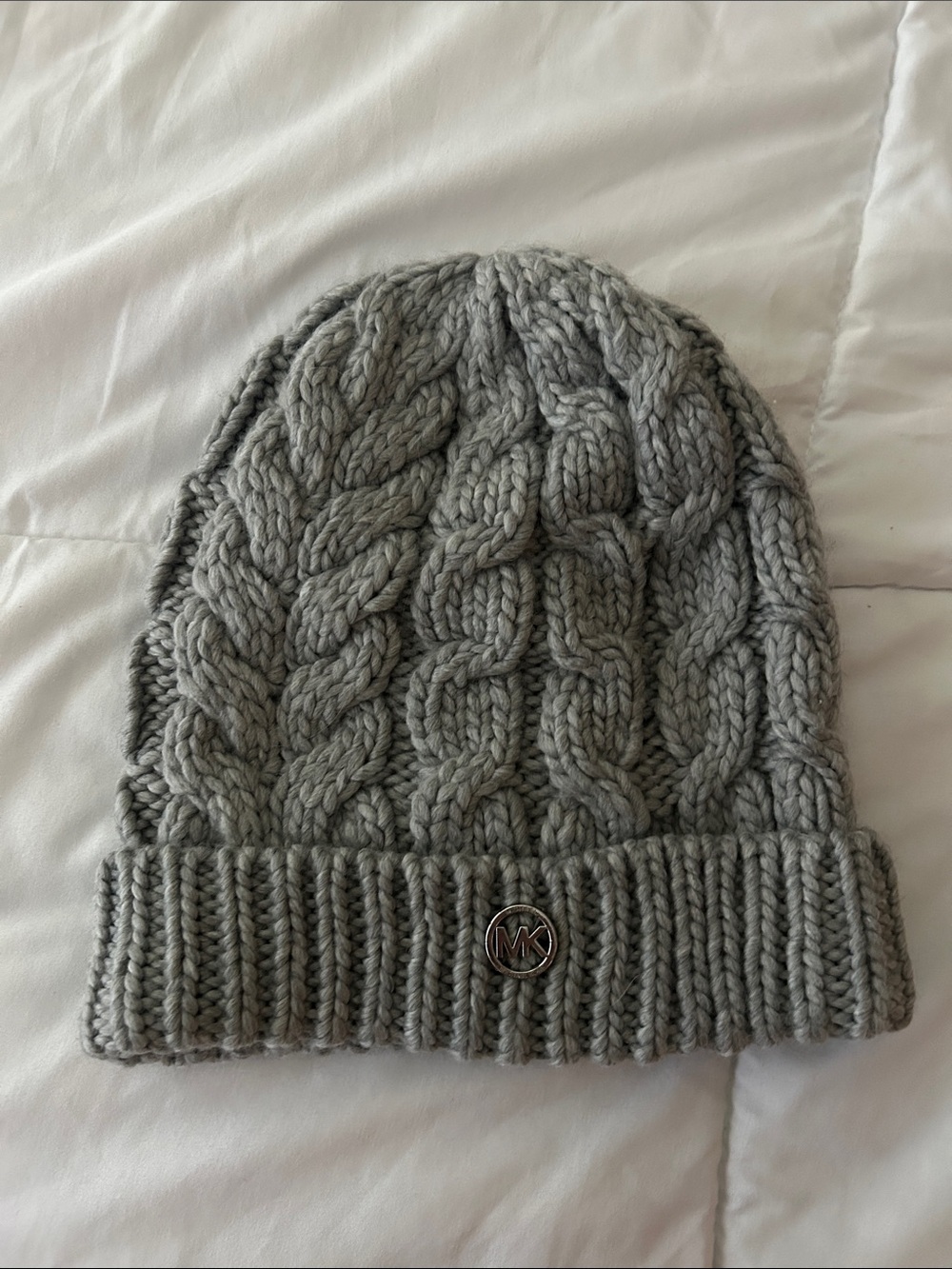 Michael Kors Light Gray Cable Knit Beanie with MK Logo
